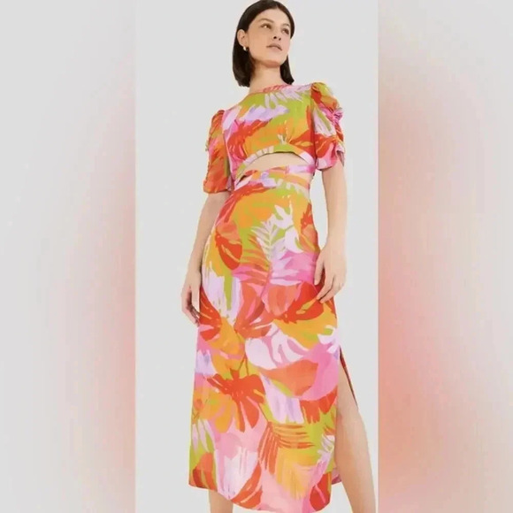 New Farm Rio Colorful Leaves Cut-out Midi Dress Size XS B2019 - Picture 3 of 7